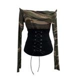 The Real Shot Of The Hottie Shoulder Mesh Hot Diamond To Receive The Belt Strap Horn Long Sleeve Top Short T-Shirt 2760
