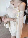French-Style Shoulder Irregular Knitted Cloak Shawl Woman + Sling Dress Set Languid Outside The Coat