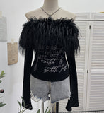 Real Shot Hair Collar Print Shoulder Horn Long-Sleeved T-Shirt Repair Short Picties Shoulder Grinding Top 1368