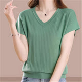 2026 Summer Loose New V-Neck Stripe Simple Short-Sleeved Knitted Shirt Women Large Size Thin Leisure