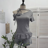 Real Shooting Pop Point Tie With Hanging Neck Slanted Shoulder Short Sleeve Blouse With Elastic Short T-Shirt Girl 2850