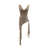 Real Shooting Waste Soil Wind Low Chest Collar Irregular Lotus Side Ribbon Vest Female Perspective Thin Sleeveless Top 9623