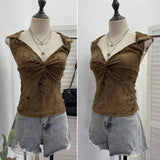 Wasteland Wind Retro Hooded Sling Vest Hole To Make Old Kinesy Low-Chests Hottie Sleeveless Top 9620