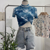 Real Shooting Retro Tie-Dye Double-Layer Mesh Half-High-Neck Short-Sleeved T-Shirt T-Shirt Short-Sleeved T-Shirted Woman 8833