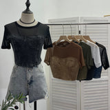 2025 Summer Denim Splicing Mesh Yarn Short-Sleeved T-Shirt Design Fake Two Hot Girl Short Top 26231