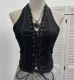 Real Shoot Water Wash Denim Front Open Lashing Neck Bare Back Small Sling Vest Deep V Spice Girls Short Blouse 2852