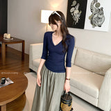Lyselle Tiansi Unique V-Neck Slim Mid-Sleeved T-Shirt For Women 2025 Summer Thin Light Luxury High-End Feel Beautiful Top