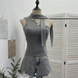 Real Shooting Hanging Neck Small Sling Vest Outside Wearing Brooch Knitting Elastic Shoulder Ribbon Hottie Top 1052