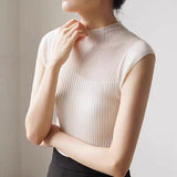 French Translucent Black Knitwear Short-Sleeved Knitted Shirt Female Senior Sleeveless Ice Blouse Thin