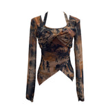 Single Special To The Net Yarn Design Sense Hanging Neck Top Cross Folded Repair Short T-Shirt 1178