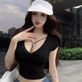 Pure Lust Wind V-Neck Short-Sleeved T-Shirt Female Net Red Anchor Want To Be Squee-Bossed Design Sense Unique Beauty Short Shirt