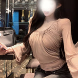 Korean Version Of The Niche Design Sense Of Irregular A Variety Of Wearing Of Women's Oblique Shoulders Folded Long-Sleeved Tops