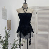 Real-Patlace With Hanging Neck Tector Lace Three-Dimensional Flower Sling Vest Irregular Ribbon Sleeveless Top 9330