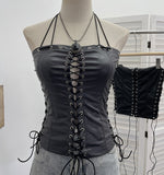 Punk Babes Hollow Strapped Braped Pu Skin Top Female Tight Sexy Short Hanging Neck Vest 2765