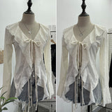 Dark Wind To Make Old Hole Horn Long Sleeve Open Shirt Tie With Lotus Leaf Side V Collar Sunscreen Shirt 9280