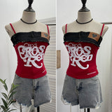 Real-A-Case Letter-Print Spliced Denim Sling Vest Repair Outside The Hot Babes Bumpy Short Sleeveless Top 2309