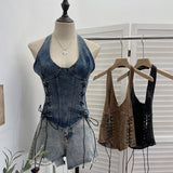 Real Shooting Cowboy Hanging Neck Sling Vest Punk Hollow Strap Y2k Hottie Sleeveless Short Repair Body Dress 835