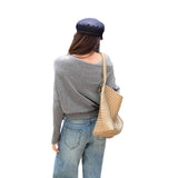Great-Looking Light Temperament Slanted Shoulder Long-Sleeved Knitted Shirt Woman 2025 New Texture Early Autumn Design Feel Top