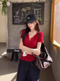 Large-Size Strapped V-Necked Shoulder Short-Sleeved T-Shirt For Women's Summer Sweet Spicy Breeze Slim Slim Slim Design Short-Sized Top
