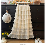 Gentle Wind And Wood Ear Side Hollow Net Yarn Splicing Half Skirt Women Summer High-Waist A Word Loose Multi-Level Cake Skirt