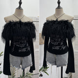 Real Shot Hair Collar Print Shoulder Horn Long-Sleeved T-Shirt Repair Short Picties Shoulder Grinding Top 1368