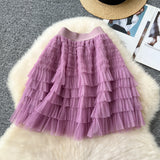 Hepburn Style Simple Solid Color Mesh Dress High Waist Tight Thin Design Careful Hot Girl Cake Skirt
