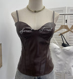 Letter-Print With Chest Pad Pu-Skin Sling Vest Slimming Short Babes Sleeveless Top 1372