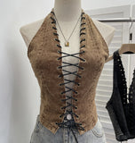 Real Shooting Cowboy Hollow Wearing Rope Strap Hanging Neck Sling Vest Hottie Sexy Bare Back Short Sleeveless Top 827