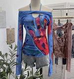 Spice Girls Slapout Twisted Kinesi Hanging Neck Mesh Printing Unique Design Long-Sleeved T-Shirt Embanded Backclothed 2772