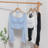 Fang Collar Leak Collar Collar Collar Short Shirt 2025 Spring Dress New Lantern Long-Sleeved Tie With Hanging Neck Shirt Women's Top 8876