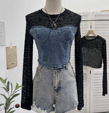 Real Shooting Hottie Letter-Print Mesh Spliced Cowboy Long-Sleeved Bottom Shirt Blouse Short T-Shirt Girl 2623