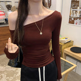 Unique And Beautiful Oblique Shoulder Dress And Shoulder Design Long-Sleeved Shirt Women Autumn 2025 New Body Repair T-Shirt