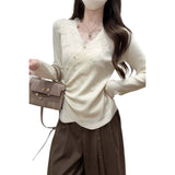 2025 Autumn And Winter Korean Version Pure Desire Gentle Nails Heavy Industry Lace V Collar Andy Velvet Knitted Bottom Shirt Top