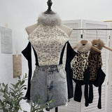 Real Shooting Leopard-Print Hair Hanging Neck High Shoulder Long-Sleeved T-Shirt Female Spliced Retro Hottie Short Top 2812-1