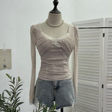 Pure-Want Wind Belt Chest Mat Lace Splicing Mesh Yarn Long-Sleeved T-Shirt Short Slim Top 2673