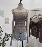 Real Shooting Spice Girls Shoulder Mesh Sun Hooded Sling Sling Long-Sleeved T-Shirt Top Two Sets Of Women 8862