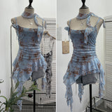 Real Shooting Retro Tie-Dye-Print Mesh Sling Sling Sling Vest Irregular Lotus Leaf Edge Ribbon Sleeveless Top 1185