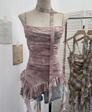 Real Shooting Round Neck Fluttering Dye Printing Irregular Lotus Leaf Side Mesh Slings Slings Sleeveless Top 1218