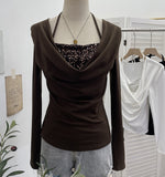 Fake Two-Piece Squint Hanging Neck Tie Long Sleeves Jersey Hottie Tops Body Folded T-Shirt 2829