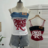 Design-Sensitive Edge Denim Spliced Letter Embroidered Sling Sling Vest T-Girls Short Top 23098