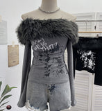 The Real Shot Of The Long-Sleeved Long-Sleeved Shoulder-Clothed T-Shirt And Sweet And Spicy Niche Short Thin Velvet Bottom 1376