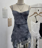 Real Shooting Thrombial Rivet Sling Skirt Design Lotus Side Ribbon Ribbon Vest Dye Net Yarn Sleeveless Top Lady 1275