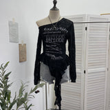 Spice Girl Letter Print Collar Long-Sleeved T-Shirt Girl Irregular Ribbon Ribbon On The Shoulder 2779