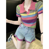 Dopamine Casual Sports Suit Women's Summer Blast Street Small Rainbow Blouse Denim Shorts Two-Sleeve