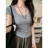 Basic Low Round Necker Insert Shoulder Sleeves T-Shirt Women Summer Solid Color Big Necktip Repair Slim Thin Commuting Top