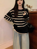 Autumn And Winter Lazy Wind Stripe Round Collar Blouse Korean Chic Chic Age Reduction Long-Sleeved Loose Knitted Shirt Woman