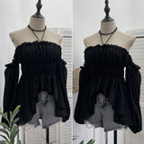Han Jie Pure Want To Hang The Neck With A Word Shoulder Long Sleeve Blouse Folded Short Chiffon Shirt Female 9635