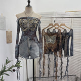 Real Shot Raging Butterfly Embroidery Y2k Babes Punk Word Shoulder Tie-Dye Mesh T-Shirt With Short Top 1319