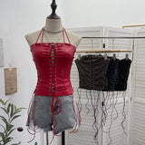 Punk Babes Hollow Strapped Braped Pu Skin Top Female Tight Sexy Short Hanging Neck Vest 2765