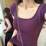 European Goods Explosion With Breast Pad Hot Girl Collar Shoulder Short-Sleeved T-Shirt Girl 2025 Summer New Dress Short Top